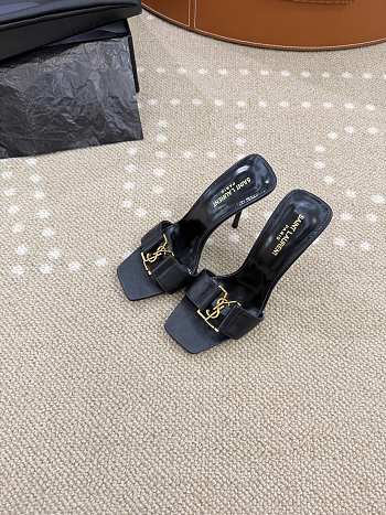 	 YSL black leather strapless high heel sandal with gold logo 02
