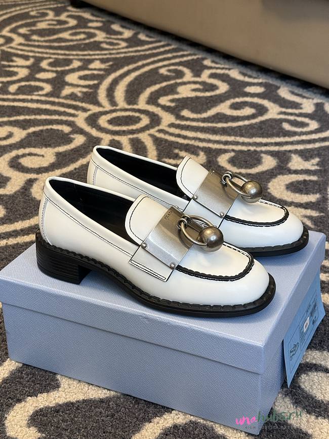 	 Prada White Brushed leather loafers with metal details - 1
