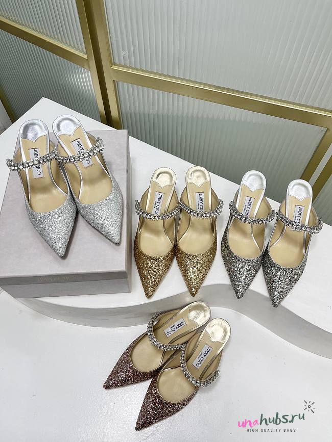Jimmy Choo Confetti Coarse Glitter Fabric Mules Crystal Strap 85/65mm - 1
