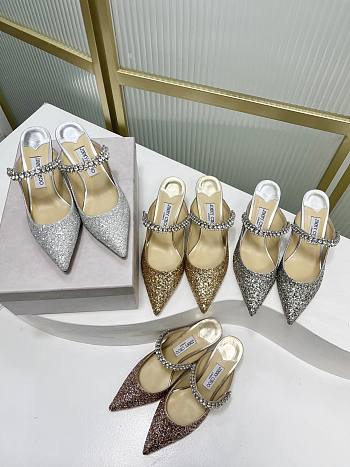 Jimmy Choo Confetti Coarse Glitter Fabric Mules Crystal Strap 85/65mm