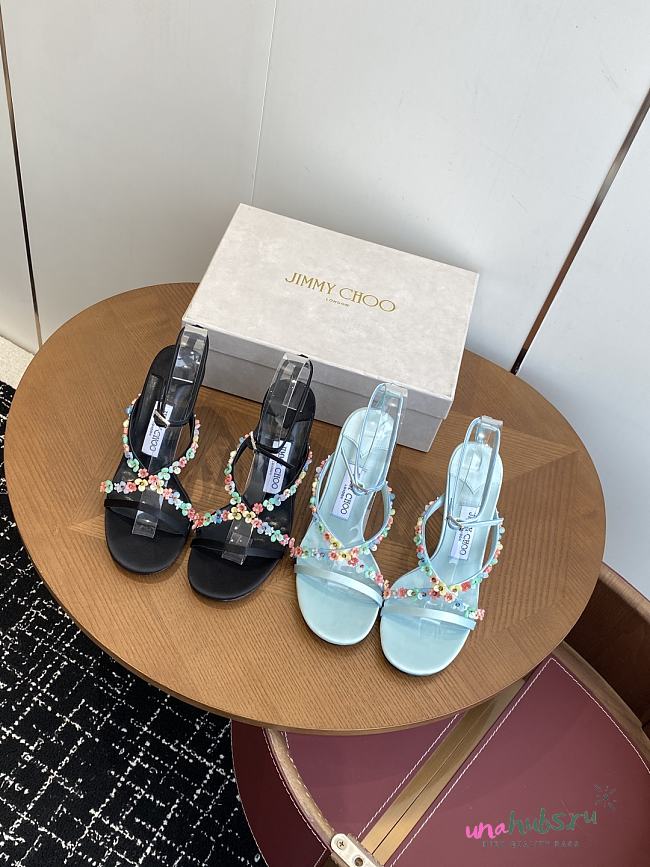 Jimmy Choo Blanche 90 Light Verde Satin Sandal with Daisy Embroidery - 1