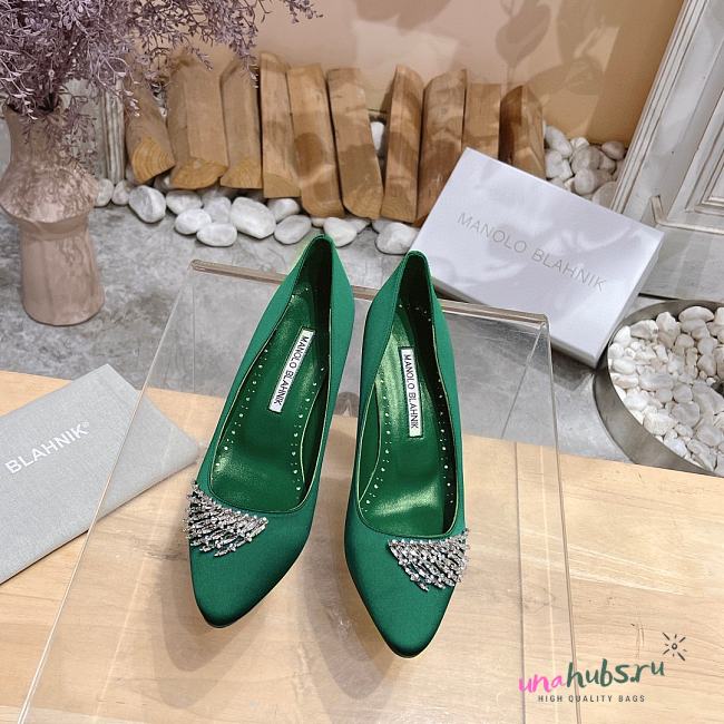 Manolo Blahnik Pluma Silk Green Heels - 1