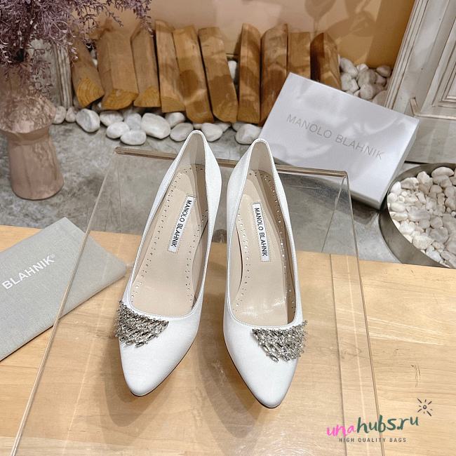 	 Manolo Blahnik Pluma Silk White Heels - 1