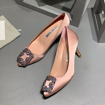 Manolo Blahnik Emerald Nude Hangisi Buckle Satin Pumps 10cm