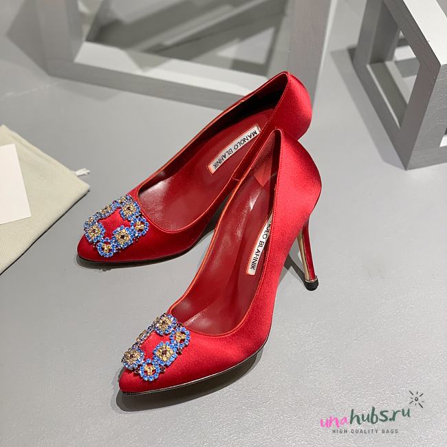 	 Manolo Blahnik Emerald Red Hangisi Buckle Satin Pumps 10cm - 1