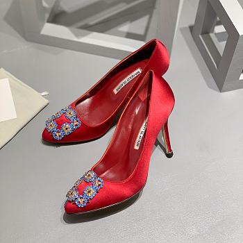 	 Manolo Blahnik Emerald Red Hangisi Buckle Satin Pumps 10cm