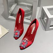 	 Manolo Blahnik Emerald Red Hangisi Buckle Satin Pumps 10cm - 4