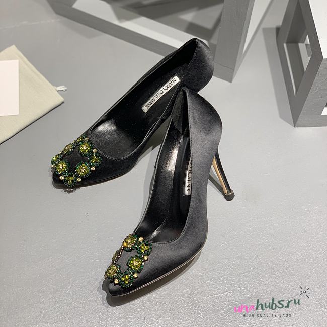	 Manolo Blahnik Emerald Black Hangisi Buckle Satin Pumps 10cm - 1