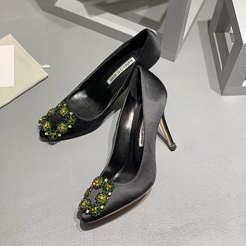 	 Manolo Blahnik Emerald Black Hangisi Buckle Satin Pumps 10cm