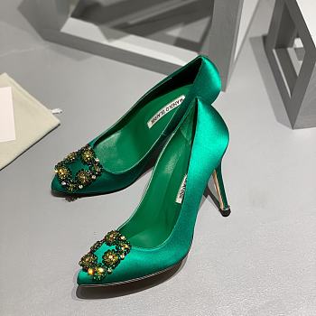 Manolo Blahnik Emerald Green Hangisi Buckle Satin Pumps 10cm