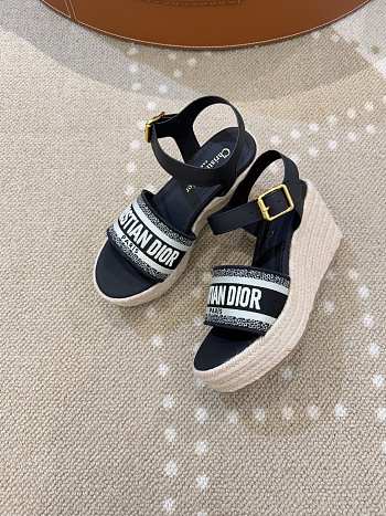 Dior Dway Wedge Sandal Deep Blue Calfskin, Natural Raffia and Deep Blue Cotton