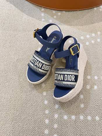 	 Dior Dway Wedge Sandal Blue Calfskin, Natural Raffia and Deep Blue Cotton