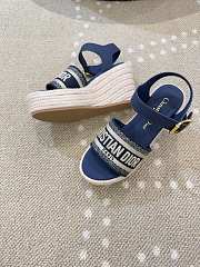 	 Dior Dway Wedge Sandal Blue Calfskin, Natural Raffia and Deep Blue Cotton - 6