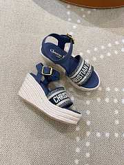 	 Dior Dway Wedge Sandal Blue Calfskin, Natural Raffia and Deep Blue Cotton - 3
