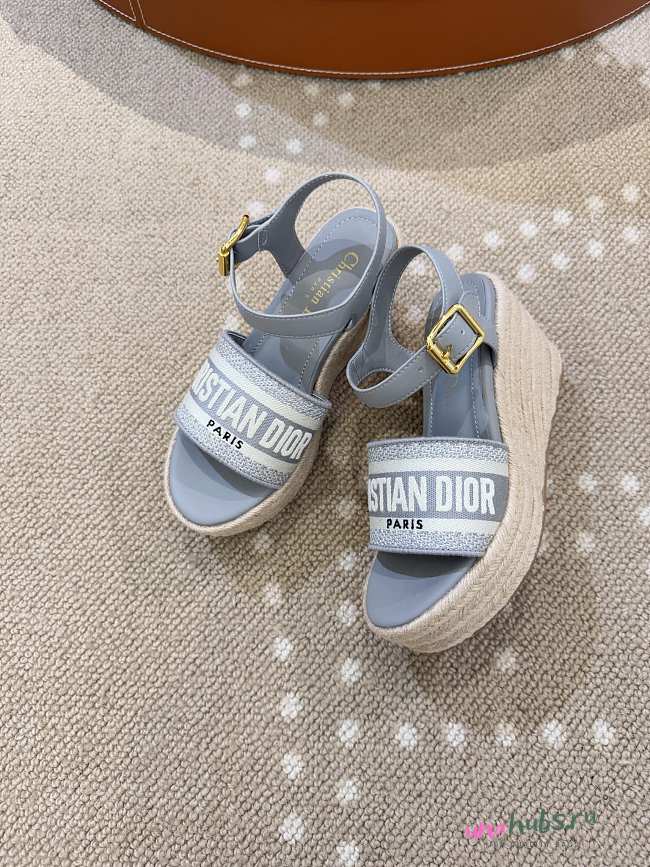 	 Dior Dway Wedge Sandal Grey Calfskin, Natural Raffia and Deep Blue Cotton - 1