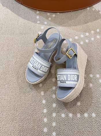 	 Dior Dway Wedge Sandal Grey Calfskin, Natural Raffia and Deep Blue Cotton