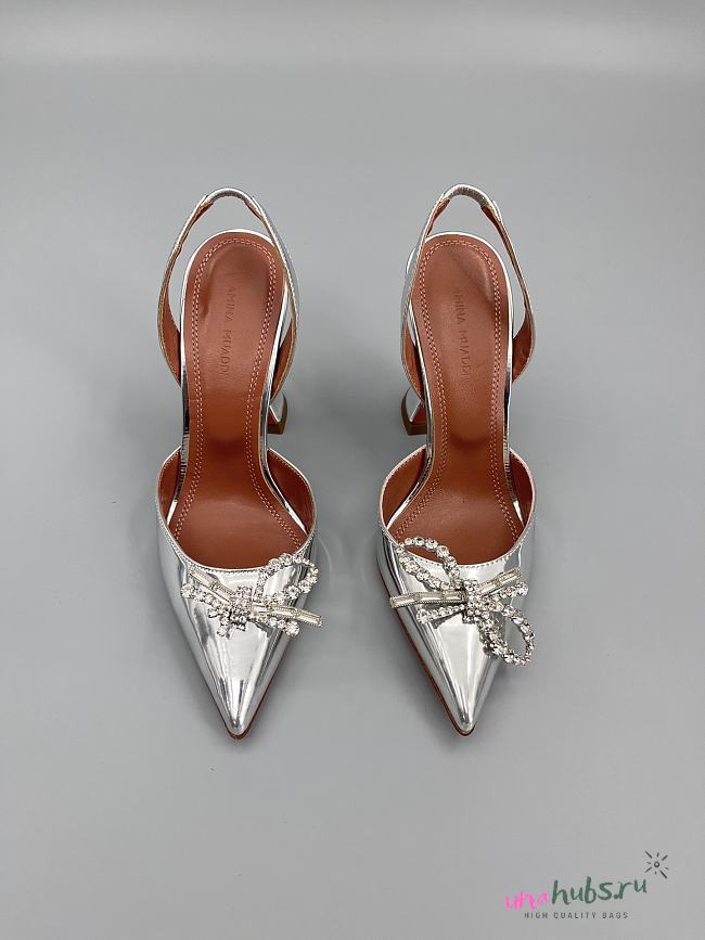 	 Amina Muaddi Silver Rosie Sling Heels 9.5cm - 1