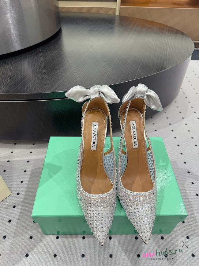 AQUAZZURA Crystal Satin Mesh Bow Pumps Silver - 1