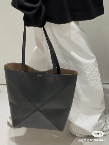 Loewe Puzzle Fold Tote In Shiny Calfskin Dark Grey - 42x18x41cm