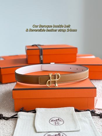 Hermes H Logo Gold Buckle Brown/White Reversible 24mm Belt 