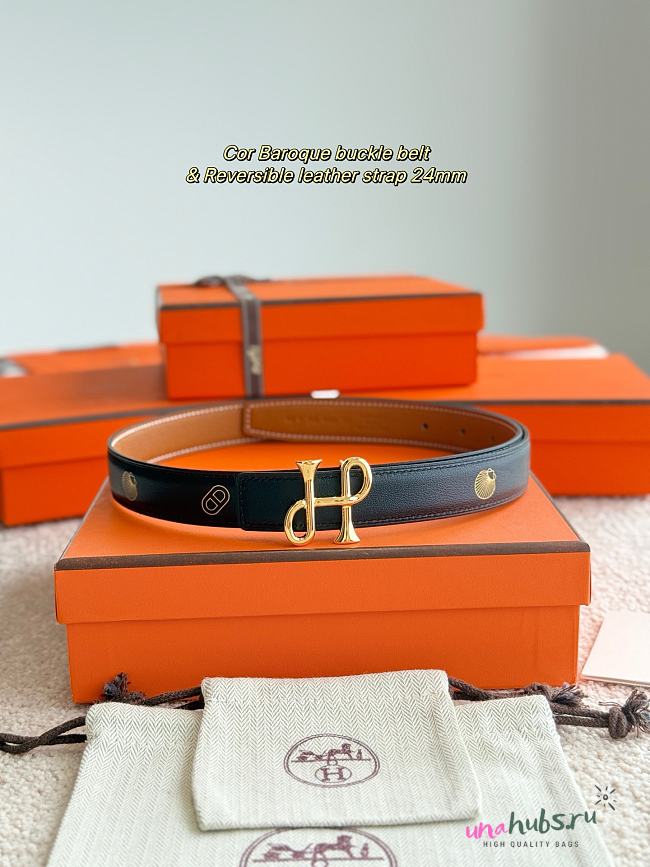 	 Hermes H Logo Silver/Gold Buckle Black/Brown Reversible 24mm Belt - 1