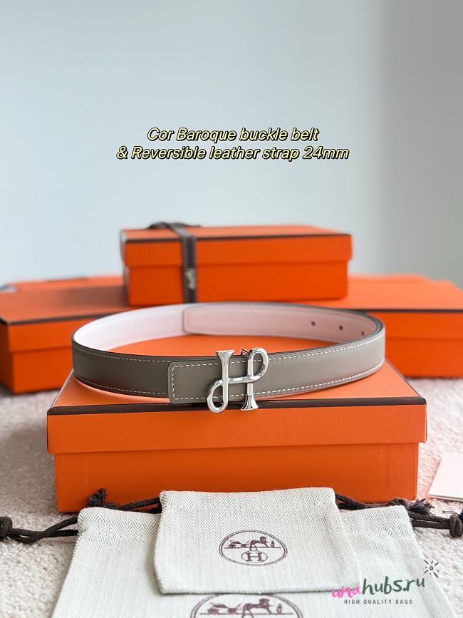 	 Hermes H Logo Silver/Gold Buckle Taupe/White Reversible 24mm Belt - 1
