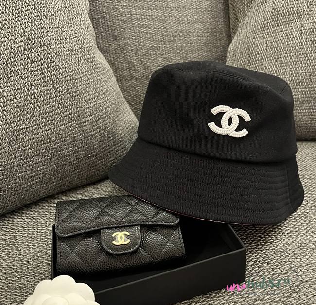 Chanel Black Bucket Hat With White CC Logo - 1
