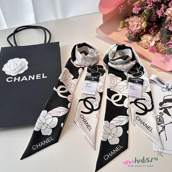 CHANEL Silk Slim Camellia CC Bandeau Scarf White & Black - 6*120cm - 1