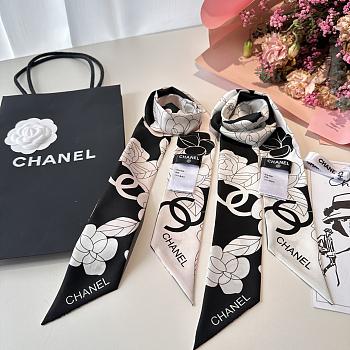 CHANEL Silk Slim Camellia CC Bandeau Scarf White & Black - 6*120cm