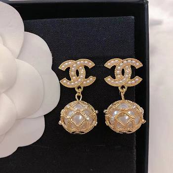 CHANEL Pearl Caged CC Drop Earrings Gold
