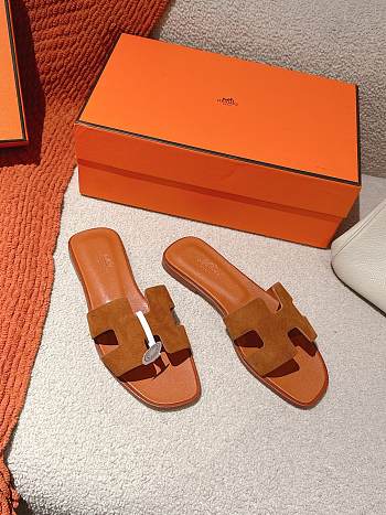 	 Hermes Oran Slides Brown Suede&Smooth Leather
