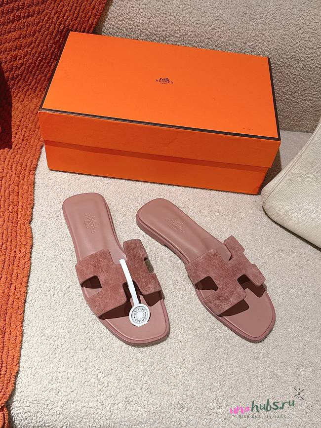	 Hermes Oran Slides Rose Pink Suede&Smooth Leather - 1
