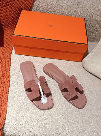 	 Hermes Oran Slides Rose Pink Suede&Smooth Leather