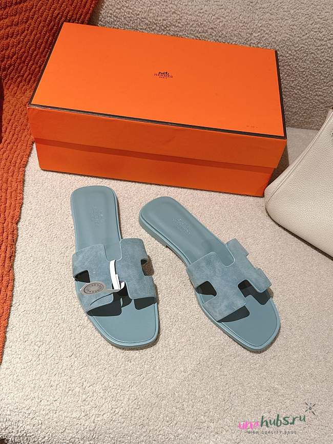 	 Hermes Oran Slides Blue Suede&Smooth Leather - 1