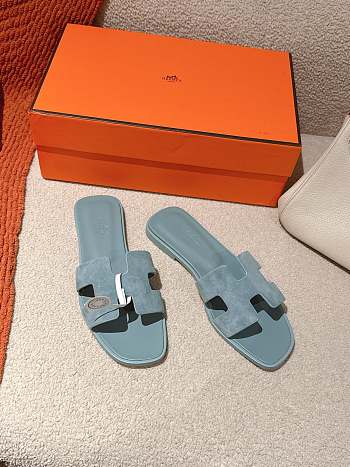 	 Hermes Oran Slides Blue Suede&Smooth Leather