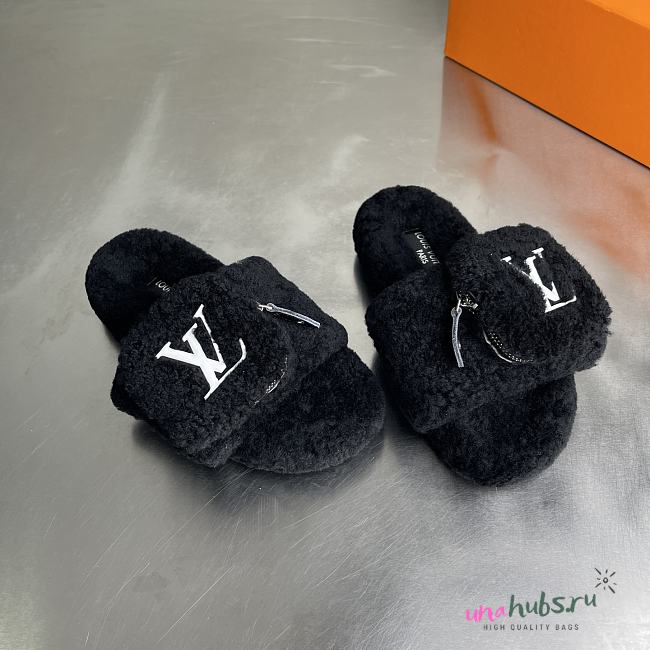 Louis Vuitton Black Fur Slides - 1