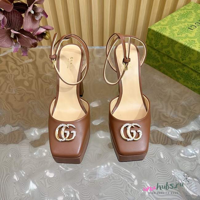 	 Gucci platform pump with Double G in brown leather 15cm - 1