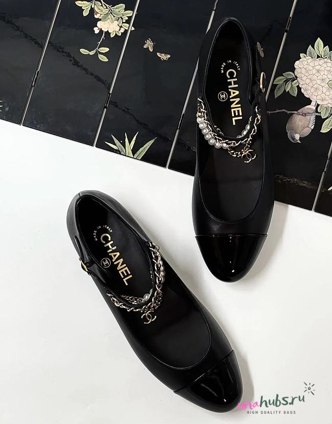 CHANEL Shiny Lambskin Pearl Cap Toe Ankle Chain Ballerina Flats - 1