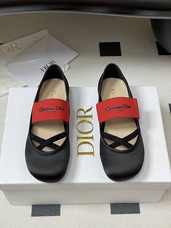 Dior Shade Ballet Flat Black Satin with Red and Black Elastic Straps 