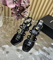 YSl Cassandra 90 leather wedge sandals in black patent - 2