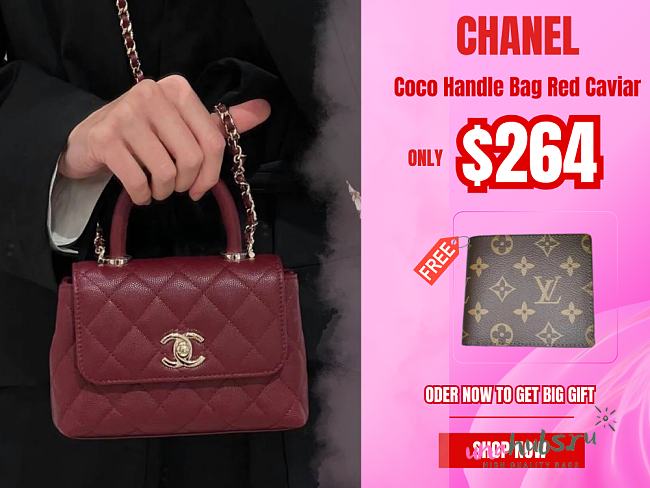 Chanel Coco Handle Bag Red Caviar Leather Bag 14.5x11x5.5cm - 1