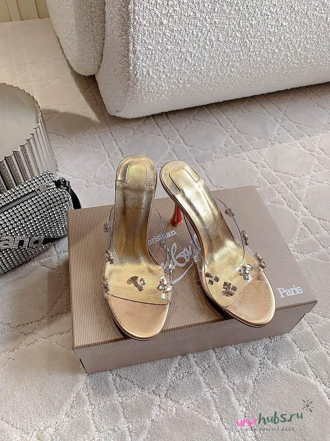 	 Christian Louboutin Degraqueen 85 Vinyl & Leather Sandal in Gold Metallic - 1