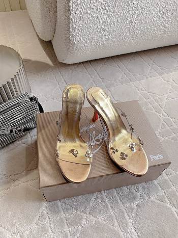 	 Christian Louboutin Degraqueen 85 Vinyl & Leather Sandal in Gold Metallic