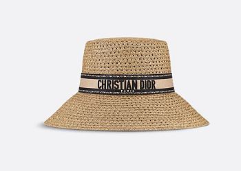 Dior D-Bobby Large Brim Hat Straw with Beige and Black Embroidered Band 