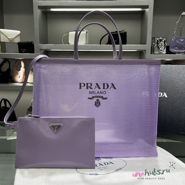 	 PRADA Mesh Paillettes Spazzolato Logo Tote Purple - 36×30×10cm - 1