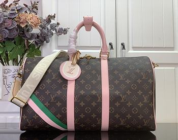Louis Vuitton Keepall Bandoulière 45 Monogram Canvas With Pink Strap - 27 x 20 x 45