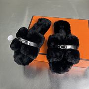 Hermes Oran Black Fur Sandals - 1