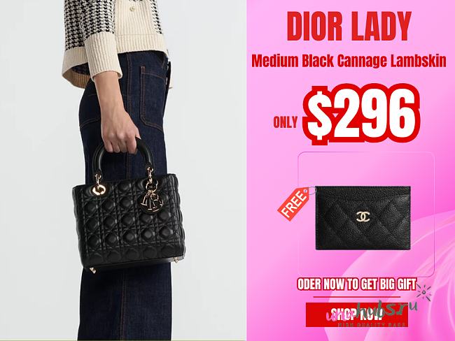 	 Dior Lady Medium Black Cannage Lambskin - 24 x 20 x 12 cm - 1