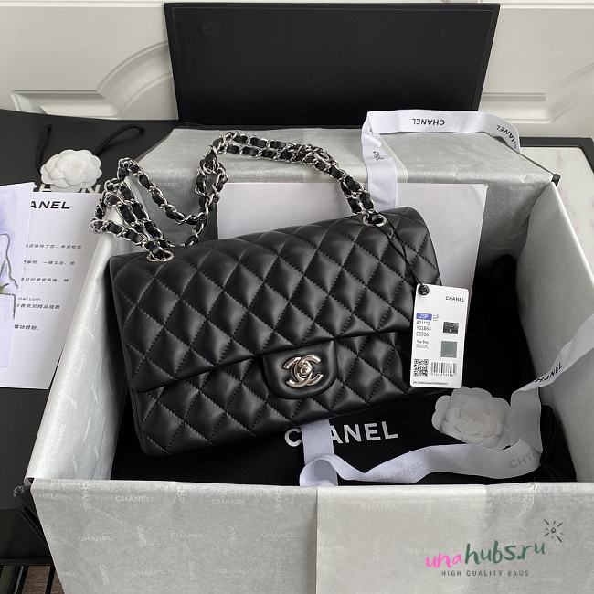 Chanel Medium Flap Bag Black Lambskin Silver 25cm - 1
