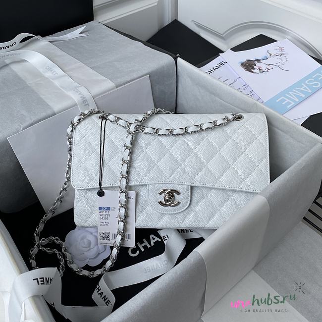 Chanel Medium Flap Bag White Caviar Silver 25cm - 1